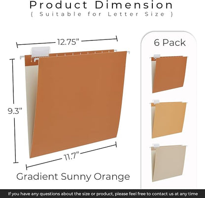 Y YOMA 6 Pack Gradient Hanging File Folders Letter Size Decorative Hanging Folder Pretty File Folder Organizer for Filing Cabinet Office Home with 1/5-Cut Adjustable Tabs, Sunny Orange