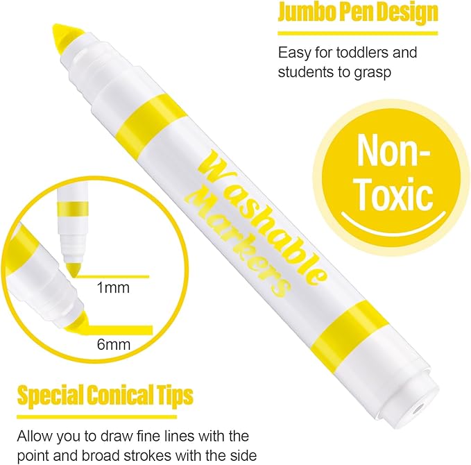 Janlaugh 36 Pcs Yellow Washable Markers Bulk Coloring Broad Line Markers for Kids Yellow Conical Tip drawing pen for School Supplies, travel Art baby shower gender reveal party Supplies, Ages 6+