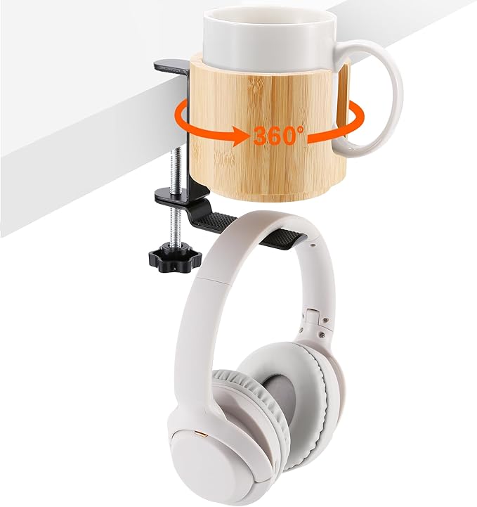 Nnewvante Desk Cup Holder, 2 in 1 360° Rotating Headphone Hanger Under Desk, 360° Anti-Spill Cup Holder, Table Cup Holder for Water Bottles, Gaming Desk Accessories - Bamboo