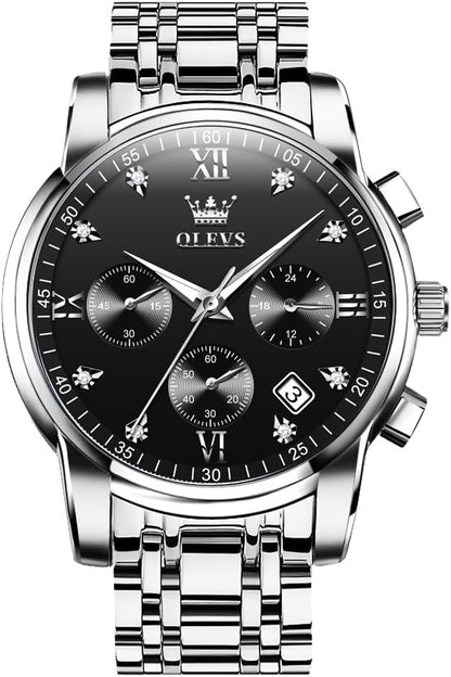 OLEVS Men's Stainless Steel Chronograph Watch, Big Face Gold Silver Black Tone Easy to Read Analog Quartz Watch, Luxury Waterproof Date Diamond Roman Arabic Numerals Dial Dress Watch for Men