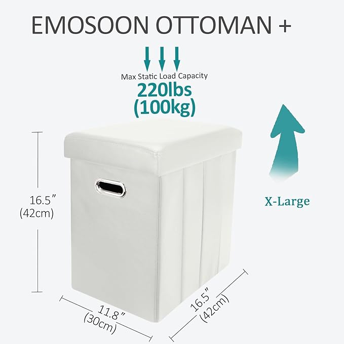 Tall Ottoman with Storage, Faux Leather Collapsible Slim Folding Ottoman Furniture with Handles Lid for Room Footrest Foot Stool, White 16.5x16.5x11.8in