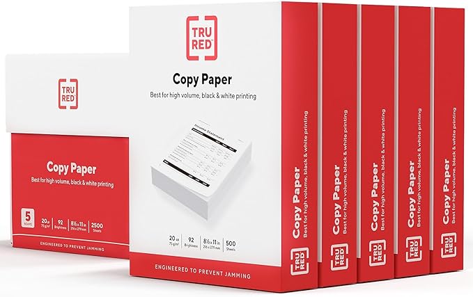 TRU RED Copy Paper, 8.5" x 11" Sheet Size, 92 Brightness, 20 lbs., Smooth Finish White Paper (500 Sheets/Ream, 5 Reams/Carton)