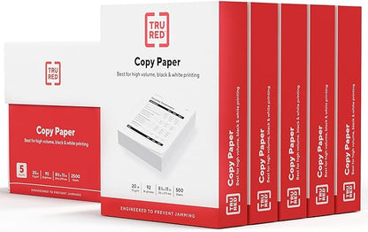 TRU RED Copy Paper, 8.5" x 11" Sheet Size, 92 Brightness, 20 lbs., Smooth Finish White Paper (500 Sheets/Ream, 5 Reams/Carton)