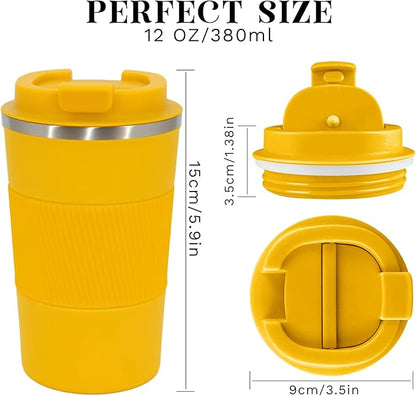 YINBAOGE Insulated Travel Coffee Mug, Spill & Leak Proof, Portable To Go Camping Stainless Steel Coffee Tumbler, Reusable Thermal Coffee Cup with Lid for Hot & Cold Drinks (Yellow, 12 OZ)