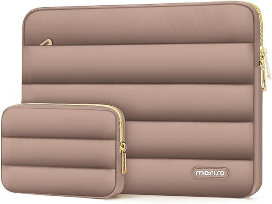 MOSISO 17-17.3 inch Laptop Case, 17.3 inch Puffy Laptop Sleeve Compatible with Dell XPS/HP Pavilion/Ideapad/Acer/Alienware/HP Omen Notebook Computer, Polyester Horizontal Bag with Small Case, Brown