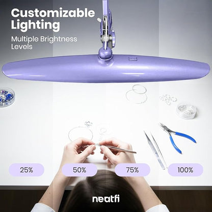 Neatfi XL LED Desk Lamp with Clamp, 2200 Lumens, 24W, 20-Inch Wide Head, Dimmable 4 Brightness Levels, Task Light for Home Office, Crafts, Workbench (Non-CCT, Lavender)