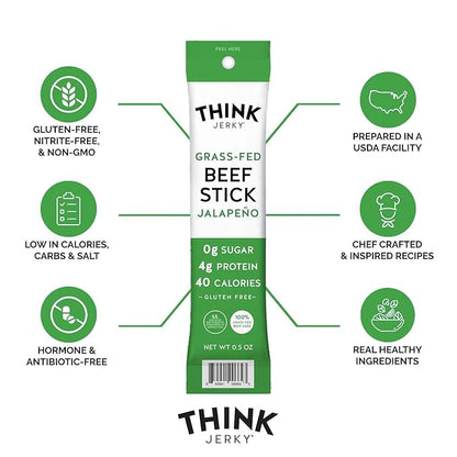 Think Jerky Jalapeno Beef Sticks, Gluten and Sugar Free, No Nitrates, Keto Paleo Friendly High Protein Low Carb Meat Snack - 0.5 oz Sticks, 20 Pack