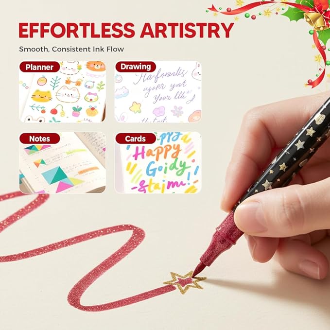 Colors Dual Tip Glitter Gel Pen Set, 2025 Upgrade Fiber Tips Smooth Sparkle Paint Markers Pen for Adults Coloring, Shimmer Metallic Glitter Markers for DIY Crafts Christmas Cards Making (24)