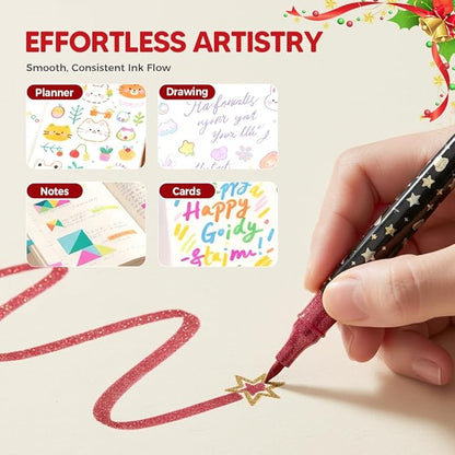 Colors Dual Tip Glitter Gel Pen Set, 2025 Upgrade Fiber Tips Smooth Sparkle Paint Markers Pen for Adults Coloring, Shimmer Metallic Glitter Markers for DIY Crafts Christmas Cards Making (24)