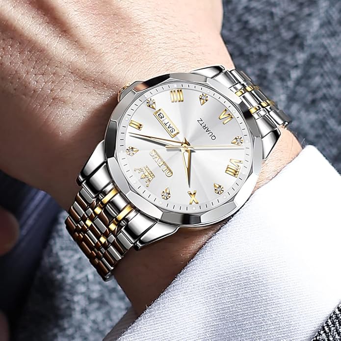 OLEVS Mens Watch Stainless Steel Analog Quartz Watches for Men Day Date Easy Read Diamond Waterproof Dress Luxury Classic Casual Big Face Blue/Black/Gold/Silver Roman Arabic Numerals Men's Wrist Watch