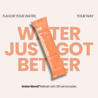 310 Nutrition Sugar-Free Lemonade Water Flavoring Packets, Peach Pear Hydration Powder with Alkalizing Minerals, Low-Calorie Water Enhancer for Energy & Refreshment, 30 Singles, Made in The USA