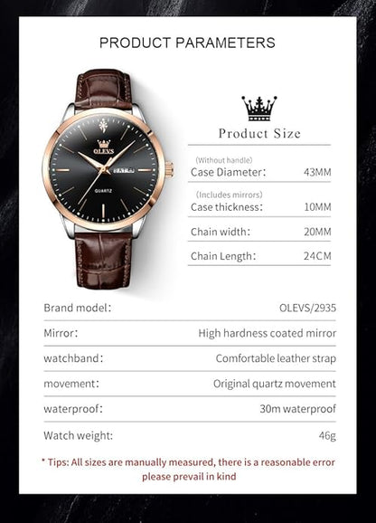 OLEVS Mens Watches, Dress Waterproof Classic Analog Casual Luxury Wrist Watch for Men with Date, Easy to Read Relojes para Hombres Male Quartz Wristwatch with Brown Black Leather Band Blue Black Dial
