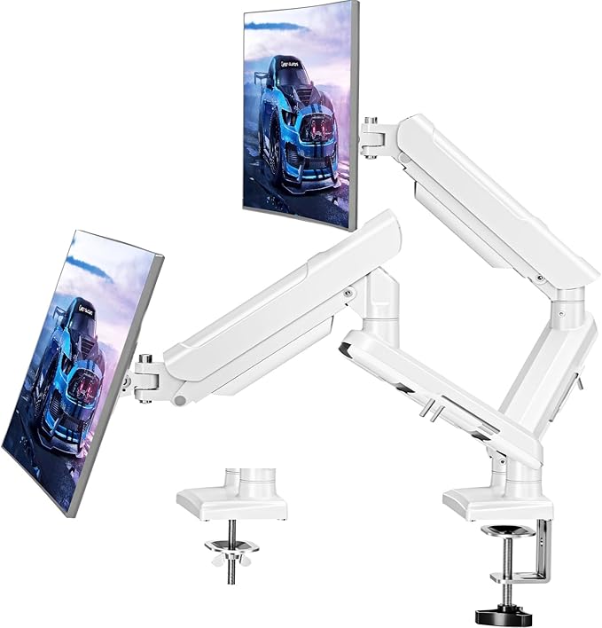 Dual Monitor Desk Mount, 13-32 inch Adjustable Gas Spring Monitor Arm, Computer Display Stand Holder with Clamp and Grommet Base, Fits 4.4 to 22lbs Screens, VESA Mount Bracket, White, Freelift Pro