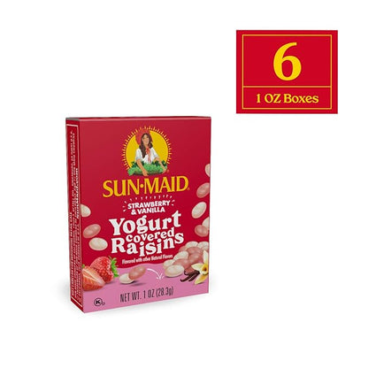 Sun-Maid Strawberry & Vanilla Yogurt Coated Raisins - (6 Pack) 1 oz Snack-Size Box - Yogurt Covered Dried Fruit for Lunches and Back to School Snacks