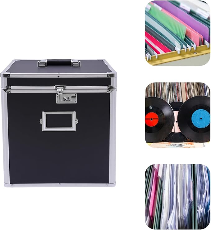 Stackable Vinyl Record Storage Box, Lockable 50 Album Storage Holder, Portable Locking File Storage Organizer with Handle, Letter/Legal File Storage,Black
