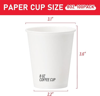 100 Pack 8 oz Paper Cups, Disposable Coffee Cups, White Hot/Cold Beverage Drinking Cups for Water, Coffee, or Juice, Perfect for office, Party, Home