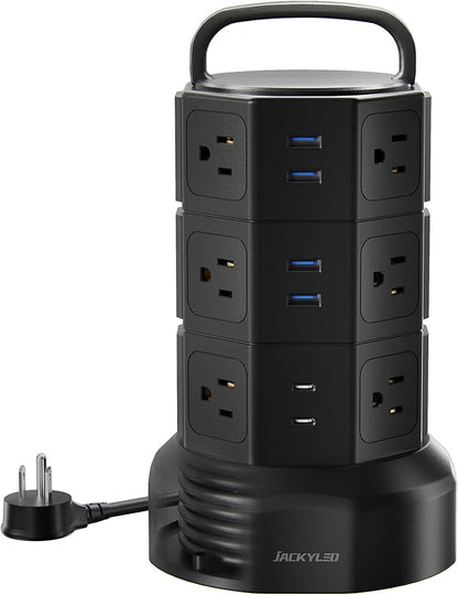 Power Strip Tower Surge Protector, JACKYLED 1625W 13A Outlet Surge Electric Tower, 12 Outlets 6 USB Ports Charging Station with 16AWG 6.5ft Heavy Duty Extension Cord for Home Office Dorm Black