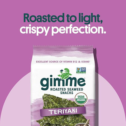 Gimme Seaweed Organic Premium Roasted Seaweed Snacks, Teriyaki, 12 Count Sharing Size, Keto, Vegan, Gluten-Free, Great Source of Omega3s and Iodine, Healthy On-The-Go Snack for Kids and Adults