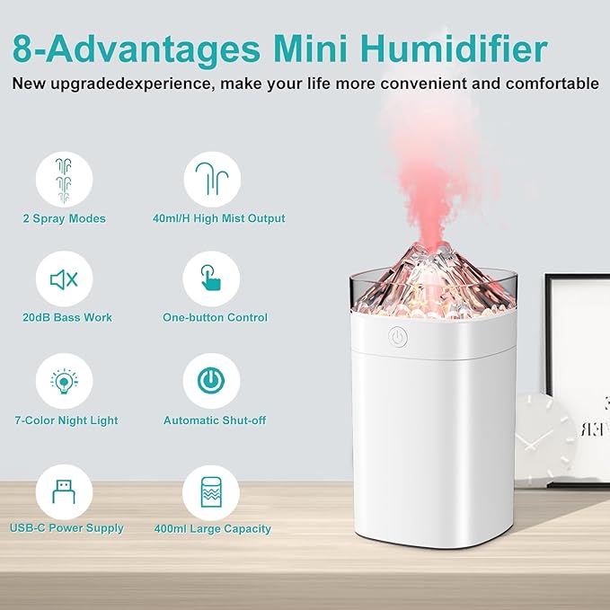 Small Humidifier - 400ml Small Humidifiers for Desk, Mini Desk Humidifier for Office Plants with 2 Modes Large Spray, Waterless Auto-Off Humidifiers with 7-Color Night Light for Bedroom