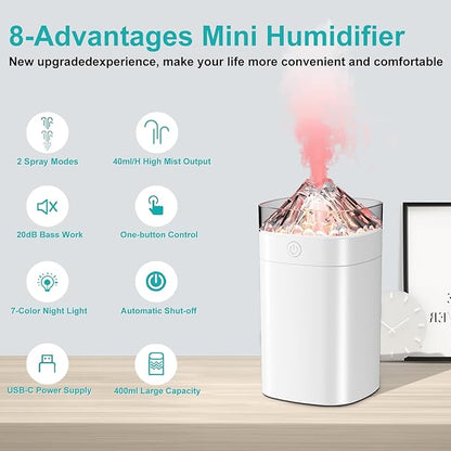 Small Humidifier - 400ml Small Humidifiers for Desk, Mini Desk Humidifier for Office Plants with 2 Modes Large Spray, Waterless Auto-Off Humidifiers with 7-Color Night Light for Bedroom