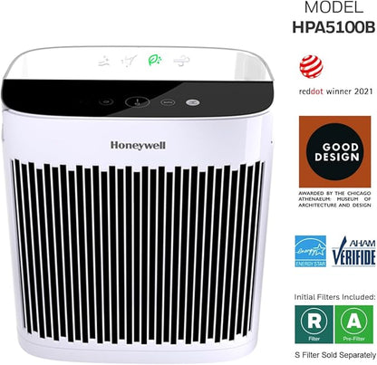 Honeywell Allergen Plus HEPA Air Purifier for Home, Large Rooms up to 900 Ft², Turbo Clean, HEPA Filter Reduces Allergens, Dust, Pollen, Pet Dander, All Smoke Types, Odors, White, HPA5100W