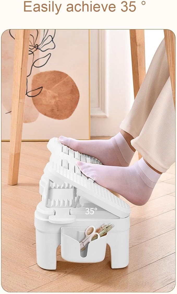 Ymiko Adjustable Under Desk Footrest Stool, Height Adjustable Multifunctional Stable Reader Foot Rest for Office Home Toilet White PP Alloy
