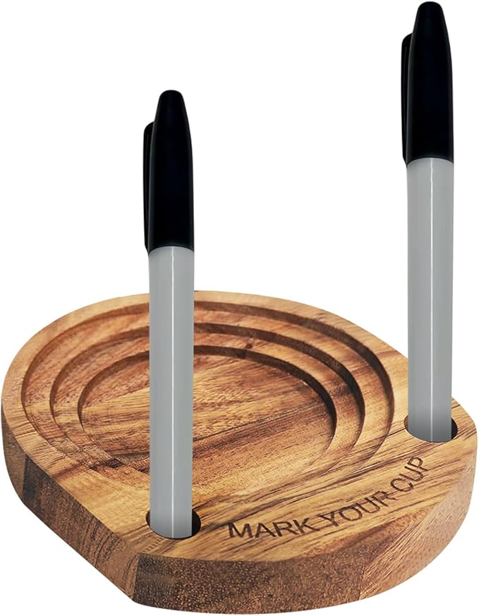 Party Cup Holder with Marker Slot, Acacia Wood Bathroom Cup Dispenser Mark Your Cup and Drink Up, Hosting Essential to Prevent Mix-Ups & Mark Your Cup for Birthdays, BBQs, Holiday Events