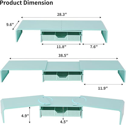 Dual Monitor Stand Riser with Drawer, Desk Organizer and Accessories, Metal Laptop Stand for Desk, Workspace Desktop Stand for Computer, Laptop, TV and More (Sky Blue)
