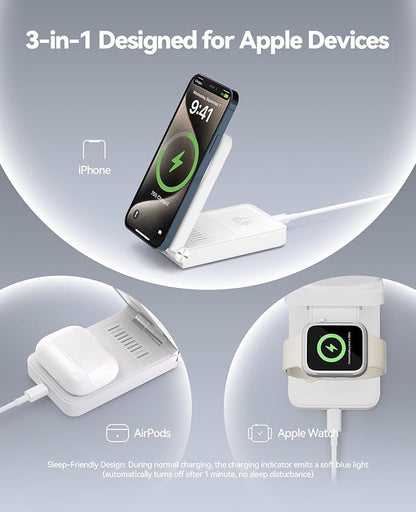 3 in 1 Charging Station, 25W Foldable Magnetic Fast Wireless Charger Stand for Apple Multiple Devices, Travel Charger for iPhone 17 16 15 14 13 12 Series Watch AirPods 4/3/2/Pro