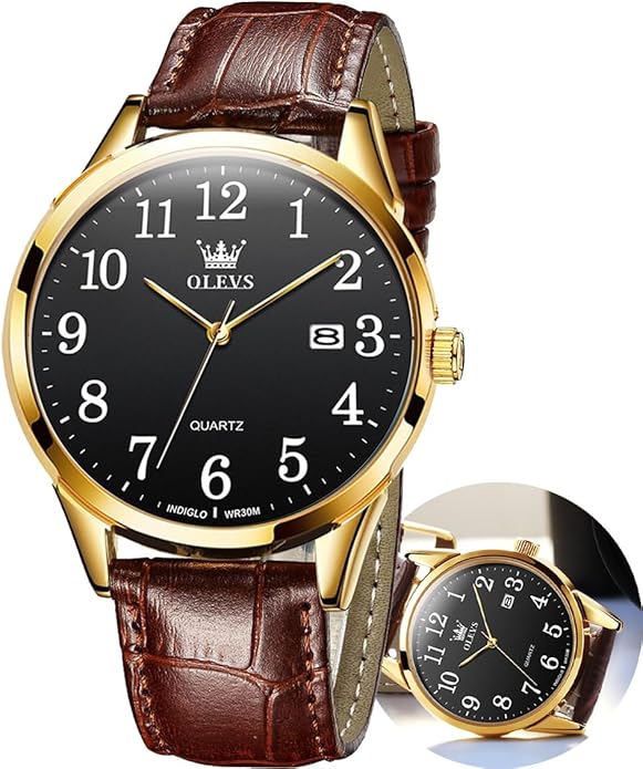 OLEVS Mens Watches Vintage Leather Band Dress Classic Easy Reader Arabic Numerals Analog Quartz Waterproof Date and Day Blue/Black/White Large Face Men's Wrist Watches