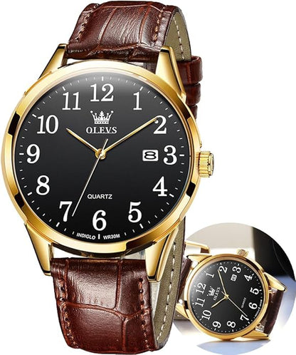 OLEVS Mens Watches Vintage Leather Band Dress Classic Easy Reader Arabic Numerals Analog Quartz Waterproof Date and Day Blue/Black/White Large Face Men's Wrist Watches