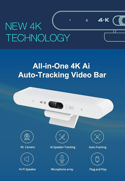 Conference Room Camera, All-in-One 4K Webcam with Microphone and Speaker, AI Tracking and Auto Framing, Wide Angle of View, Plug and Play USB Webcam for PC, Mac, Meetings, Teams, Zoom & Webex (White)