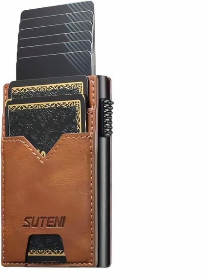 Men's Slim Wallet, RFID Blocking Metal Card Holder, Pop Up Design, Minimalist Style, Holds 9 Cards (Brown)