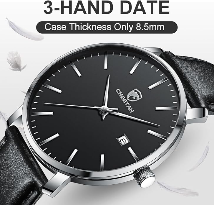 CHEETAH Minimalist Waterproof Quartz Watches for Men with Leather Strap, Auto Date