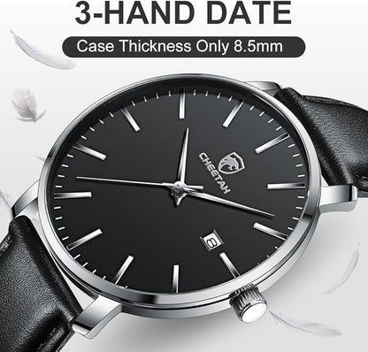 CHEETAH Minimalist Waterproof Quartz Watches for Men with Leather Strap, Auto Date