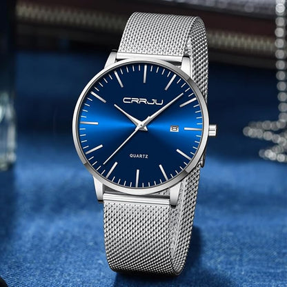 CRRJU Men's Minimalist Casual Luxury Auto Date Watches Fashion Business Japan Movement Quartz Waterproof Wristwatches for Men Stainsteel Steel Band Watch