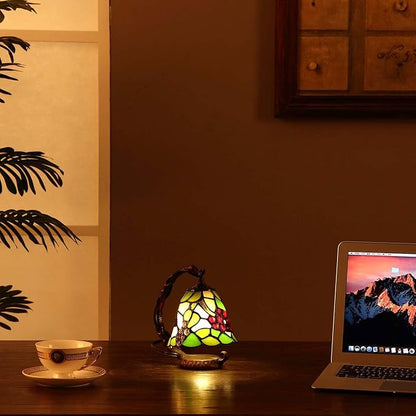 Bieye L10035 Grapes Tiffany Style Stained Glass Table Lamp with 6-inch Wide Lampshade Hanging on The Base (Green)