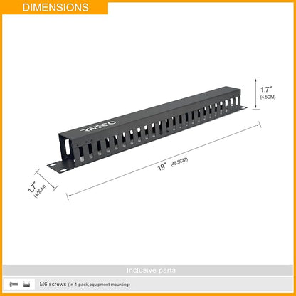RIVECO 1U Cable Management for Racks & Server Cabinets Managing Cord & Wire, Cable Raceway for 19” Rack Mount 24 Slots Standard Capacity Black, 1 Piece