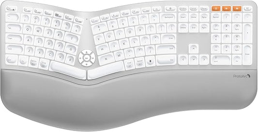ProtoArc Backlit Bluetooth Ergonomic Keyboard, EK01 Plus Full Size Wireless Split Keyboard with Dual Bluetooth and USB, Cushioned Wrist Rest, Rechargeable, for Windows/Mac/Android, White and Silver