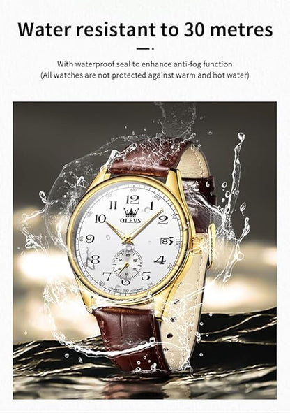 OLEVS Mens Watches Vintage Leather Band Dress Classic Easy Reader Arabic Numerals Analog Quartz Waterproof Date and Day Blue/Black/White Large Face Men's Wrist Watches