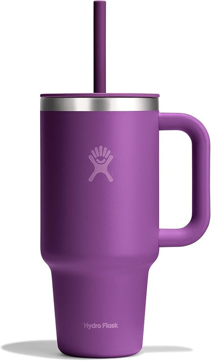 Hydro Flask Travel Tumbler with Handle, Lid and Straw - Insulated Stainless Steel in 32 Oz Beachplum Purple