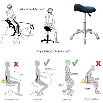 Professional Saddle Stool with Wheels Ergonomic Swivel Rolling Height Adjustable for Clinic Dentist Beauty Salon Tattoo Home Office (Black)