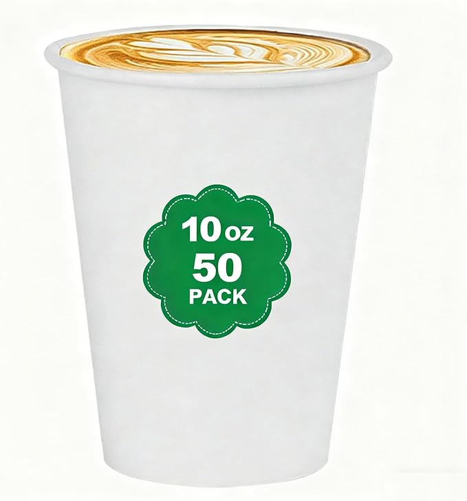 50 Pack 10 oz Coffee Cups - Leakproof & Sturdy Disposable Paper Cups for Hot & Cold Drinks (BPA Free), Bulk White Paper Cups for Office, Home, Cafe, Party, Events