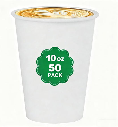 50 Pack 10 oz Coffee Cups - Leakproof & Sturdy Disposable Paper Cups for Hot & Cold Drinks (BPA Free), Bulk White Paper Cups for Office, Home, Cafe, Party, Events