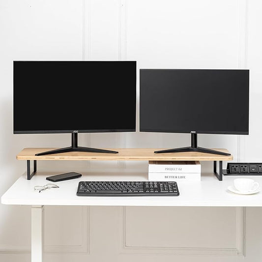 Dual Monitor Stand Riser,41.3'' Solid Bamboo&Steel Computer Monitor Riser, Large Monitor Stand Suitable for 2 Monitors, Tvs, and Printers-Natural Color