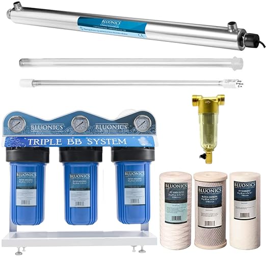 Bluonics Complete Whole House Well Water Filtration System 12 GPM 55W UV Purifier with Triple 4.5"x10" 55W UV, Activated Carbon & Sediment 5, 20 & 40 Micron Pre-Filter + Extra Filters & UV Bulb
