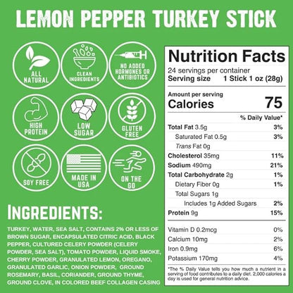 Righteous Felon Meat Sticks | 100% Turkey Sticks | Gluten Free & Keto Meat Sticks | Low Sugar & High Protein Turkey Sticks | Healthy Snack for Adults | Jerky Gifts for Men | Lemon Pepper, 24 Pack