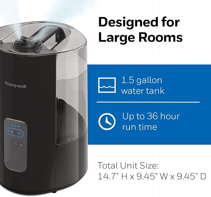 Honeywell Dual Comfort Cool + Warm Mist humidifier. Humidifier for Bedroom, Office, Living Room and Home. Provides Temporary Relief from Dry air discomforts - Black, HWC775B