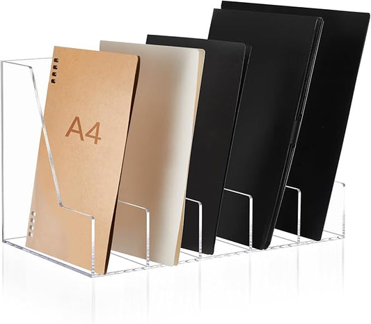 Suzile Clear Acrylic Magazine File Holder with Vertical Compartments Desk Organizer Book Rack for Desk Sorter Paper Folder Office Accessories (Groovy,15.75 x 9.45 x 8.86 Inch)