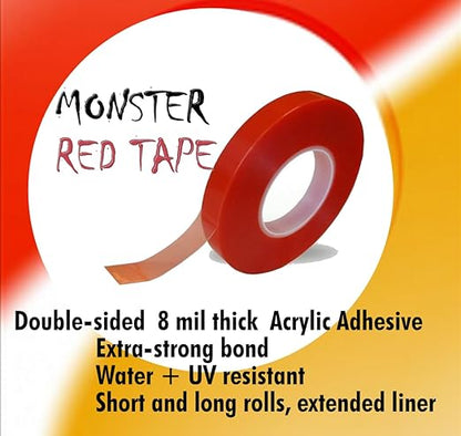 Monster Red Double Sided Acrylic Tape – 8mil Thick, 1/2" x 180 ft Roll – Heavy-Duty Bonding Tape for Rubber, Plastic & Metal – Strong Industrial Adhesive Made in US